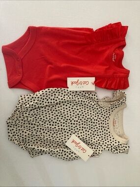 Cat & Jack Red Ruffle Sleeve Bodysuit + Cream Black Dot Bodysuit